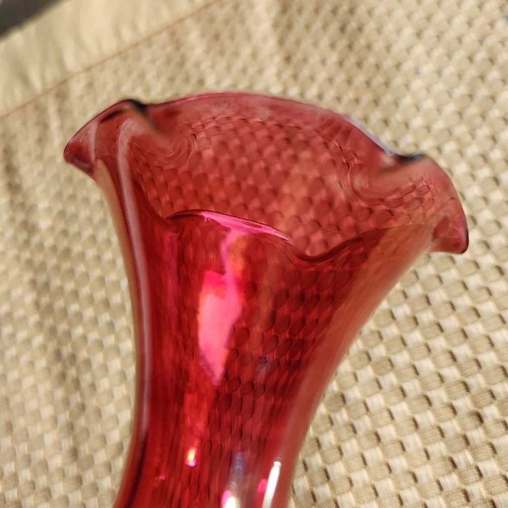 Cranberry Etched Glass Vase Mid Century Modern Fragile Collectible